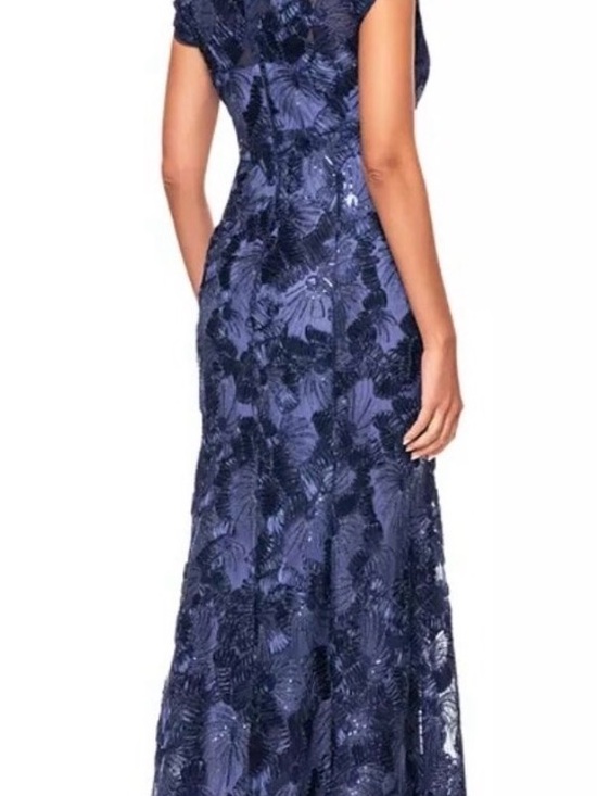 Betsy & Adam Navy Sequin Soutache V-Neck Maxi Gown